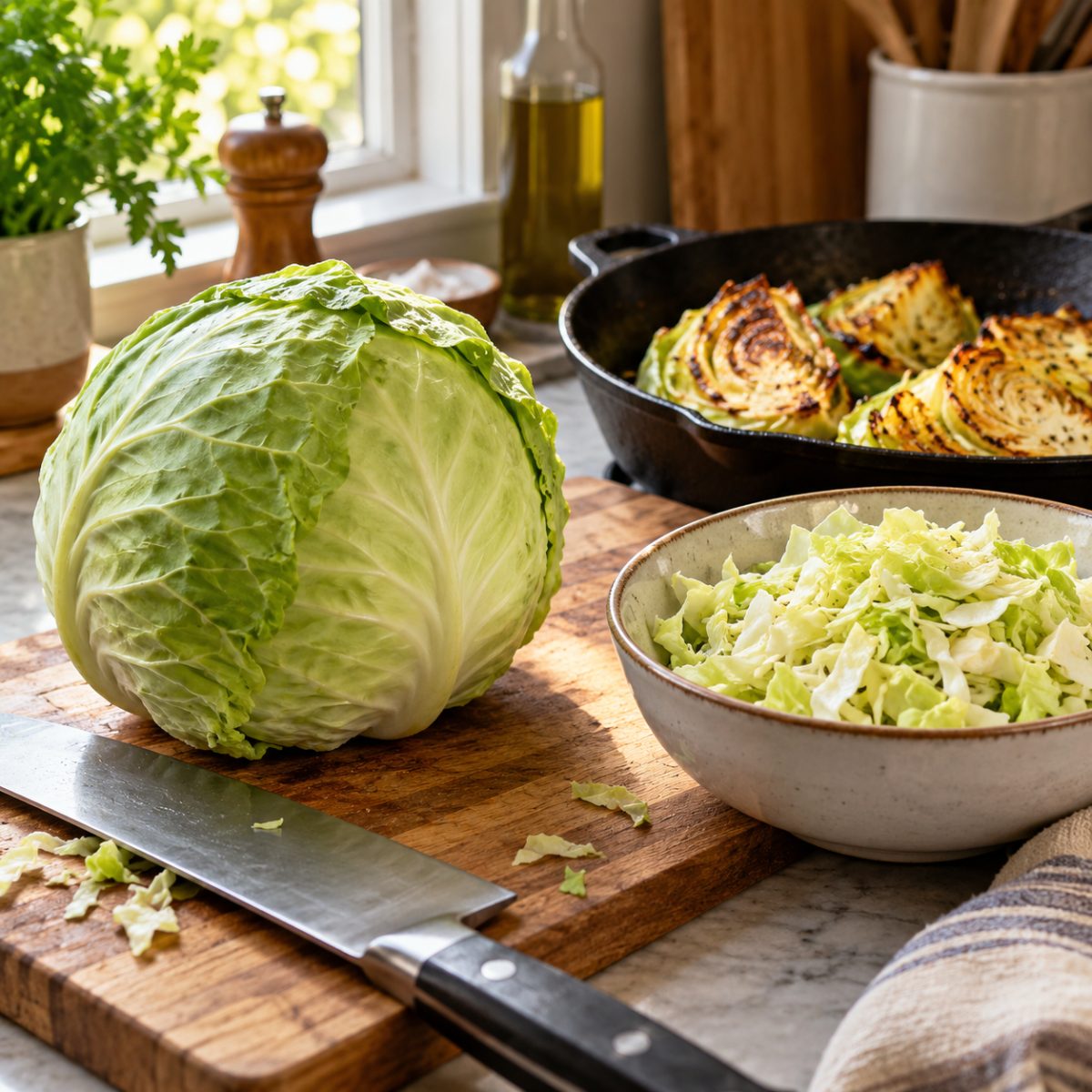 A fresh green cabbage, safely resting chef knife, chopped cabbage in a bowl and golden roasted cabbage wedges in a skillet on a home kitchen counter